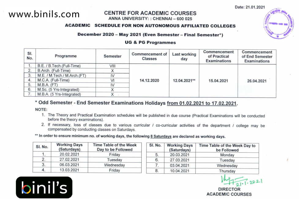 Anna University Academic Schedule for Final Semester 2021.