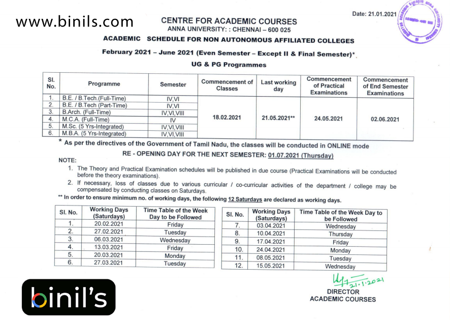 Anna University Academic Schedule for Feb/June 2021 Upcoming Semester