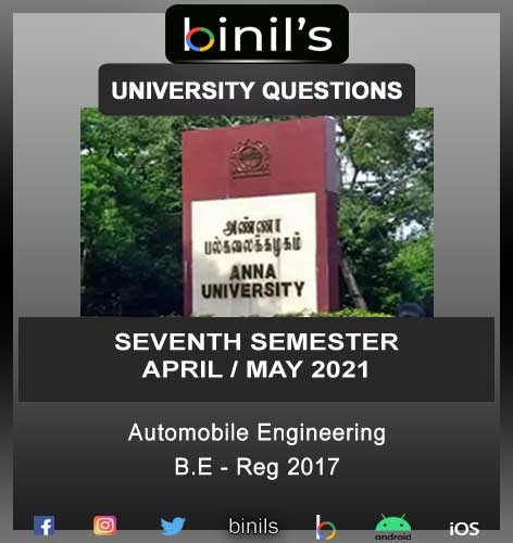 Anna University April 2021 Reg-2017 Automobile 7th Sem Question paper Download